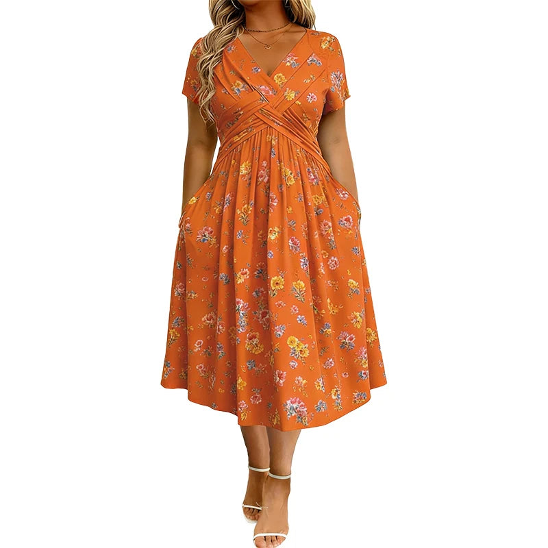 🎁Ingyenes gyönyörű nyaklánc👗🌸 Virágmintás midi ruha– V-nyak, crossover elöl, elegáns drapírozás – Oldalzsebekkel, puha és légáteresztő anyagból 🌿✨