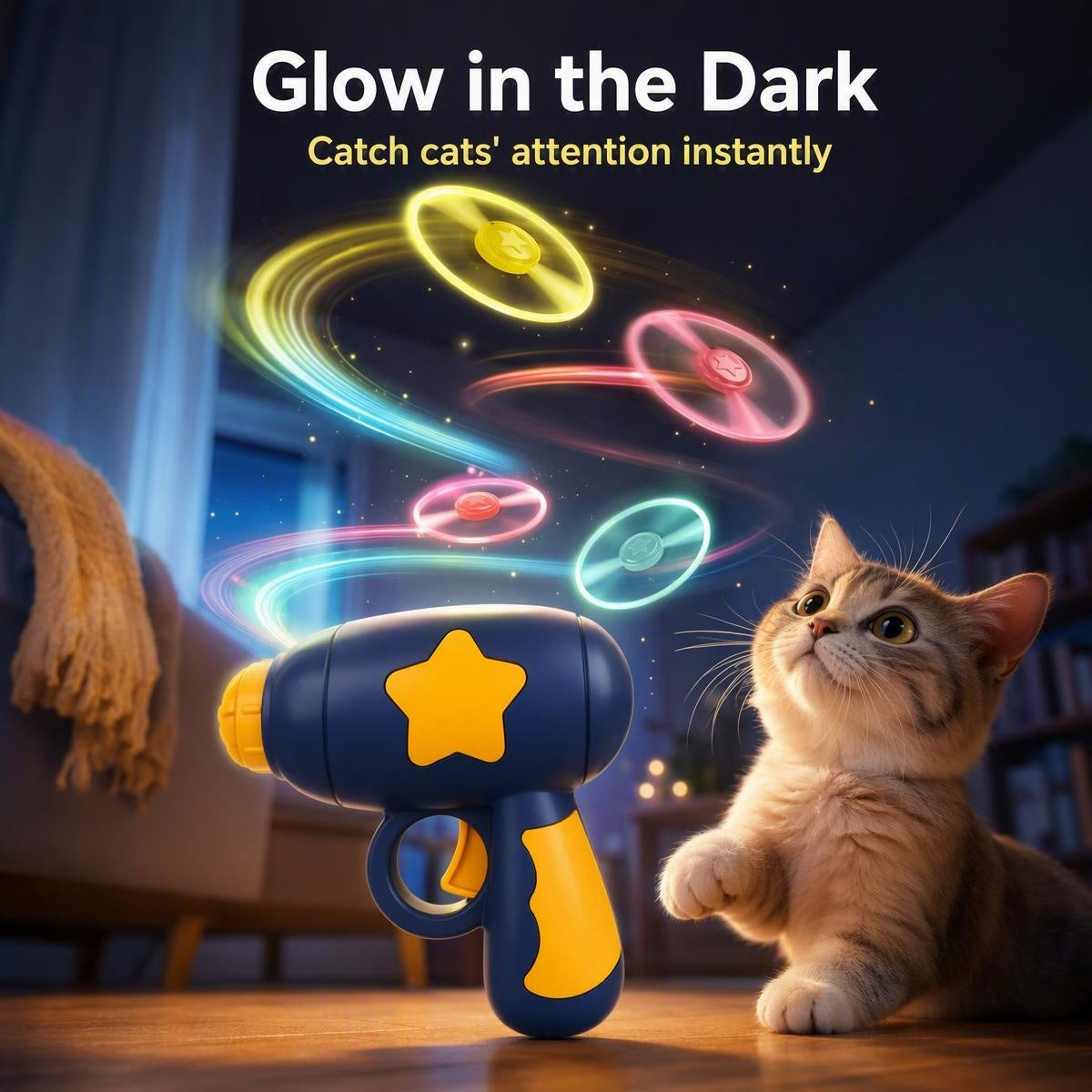 🐱✨ Macskák számára készült koronglövő – Világító korongokkal, egygombos működtetés, biztonságos műanyagból! 🎯💡