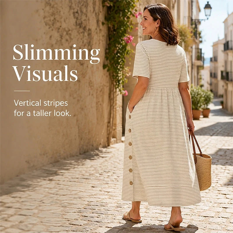 👗Új érkezők 50% kedvezménnyel💥Női, laza szabású, csíkos szabadidőruha🌸 Időtálló design, praktikus oldalzsebekkel, S–4XL-ig! ✨💫