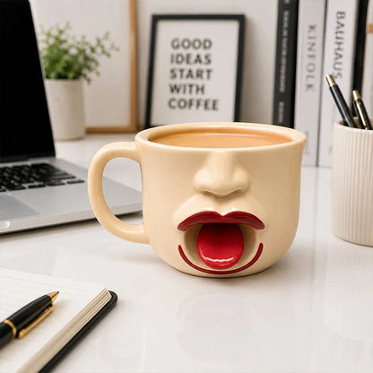 ☕😜 3D-s arcképes vicces bögre – Kinyújtott nyelvű design, prémium kerámia, C-alakú fogantyú! ✨🎁