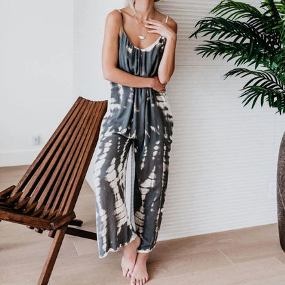 📿Ingyenes gyönyörű nyaklánc☀️ Ujjatlan, légies női együttes🌈 Batikolt & nyomatos spagetti pántos jumpsuit – Laza, széles szárú és nyári kényelem!
