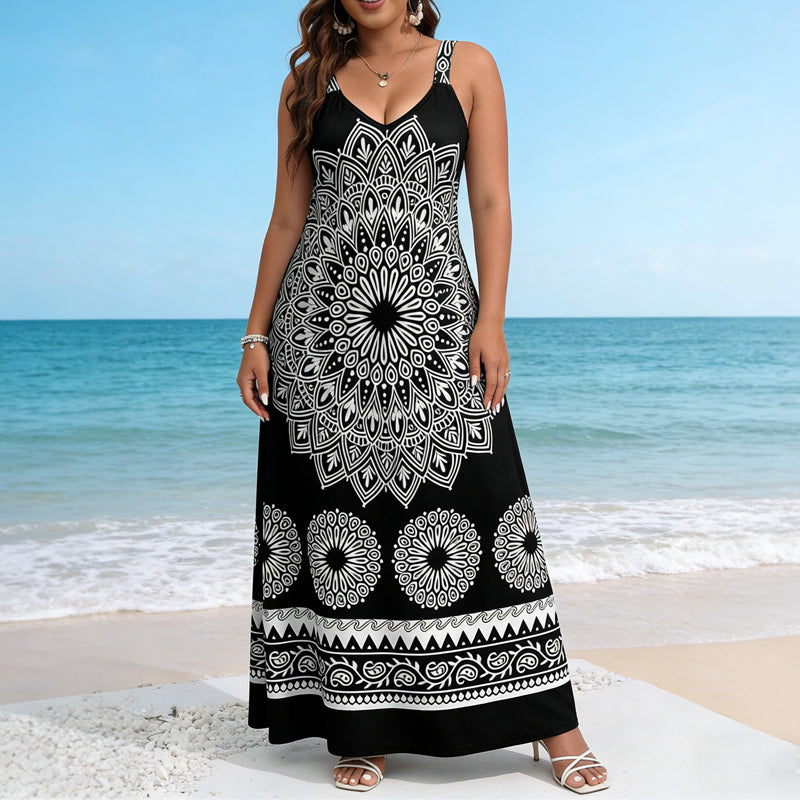 ⏰Az utolsó 50 darab!!!-🎁Ingyenes ajándék -📿Gyönyörű nyaklánc✨ Fekete strandruha estélyi öltözzé válik🖤 Mandala mintás bohém maxi ruha – Állítható cami pánt, kényelmes és nőies!
