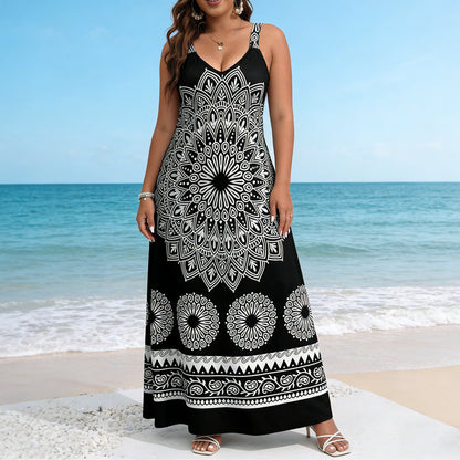 ⏰Az utolsó 50 darab!!!-🎁Ingyenes ajándék -📿Gyönyörű nyaklánc✨ Fekete strandruha estélyi öltözzé válik🖤 Mandala mintás bohém maxi ruha – Állítható cami pánt, kényelmes és nőies!