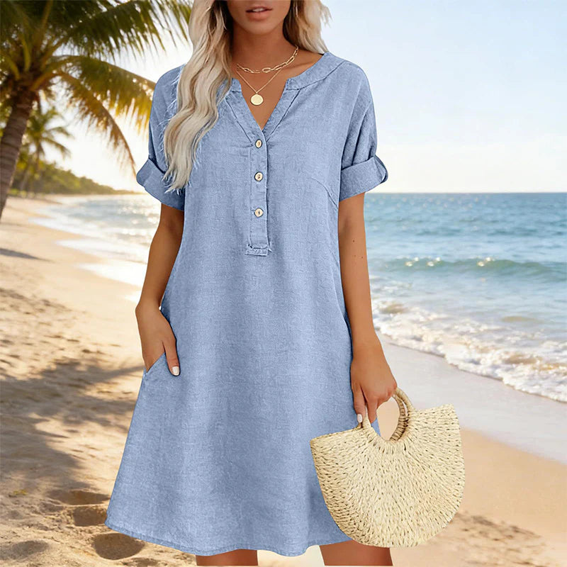 🎁📿Ingyenes gyönyörű nyaklánc🏖️AKCIÓ: 50% KEDVEZMÉNY! 👗 Női V-nyakú tunika ruha – laza szabás, zsebekkel és lélegző anyagból！