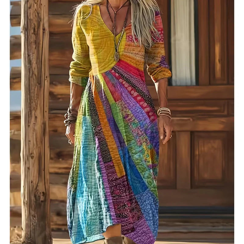 🎉💥50% árcsökkentés😍2026 tavaszi újdonságok✨ V-nyakú hosszú ujjas modell🌈 Patchwork nyomtatott női ruha – Egyedi művészi stílus, élénk színekkel!
