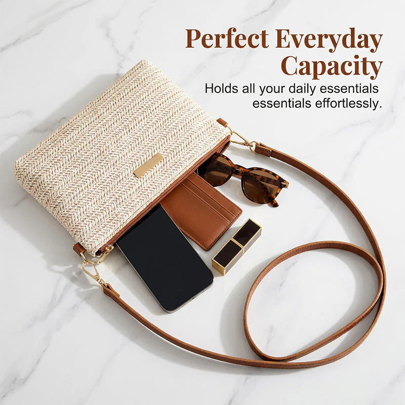 👜✨  Könnyű nyári szőtt válltáska🌾Prémium texturált felület, arany színű cipzá🌸Állítható pánt