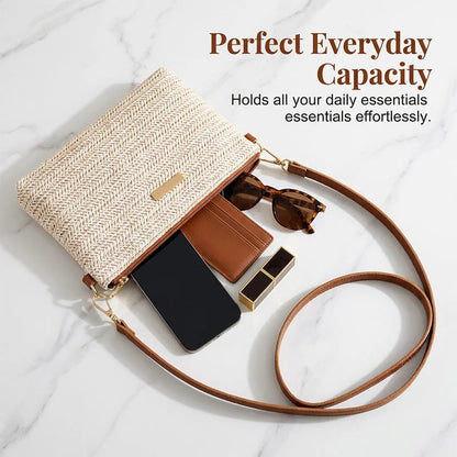 👜✨  Könnyű nyári szőtt válltáska🌾Prémium texturált felület, arany színű cipzá🌸Állítható pánt