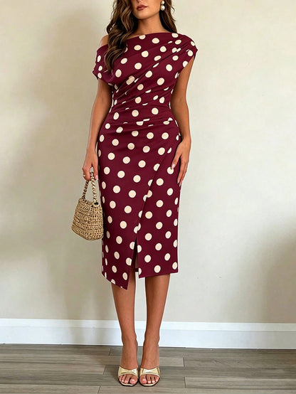 👗🌸 Aszimmetrikus nyakkivágású polka-dot midi ruha – Elegáns hasítékkal, alakkövető szabással, S–2XL-ig! ✨💫