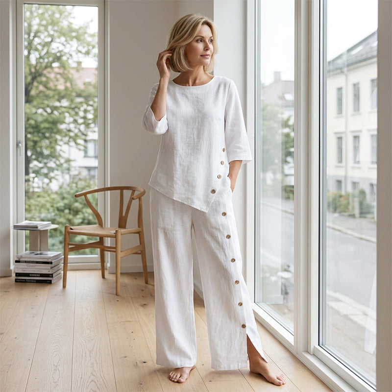 🎁Ingyenes ajándék -📿Gyönyörű nyaklánc👗 Széles szárú, gombos részletekkel díszített szett – Az új, 5 csillagos vásárlói kedvenc!