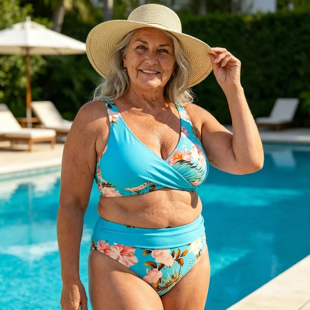 🎁Ingyenes ajándék -📿Gyönyörű nyaklánc👙 Körbeölelő felső V-kivágással + magas derekú alsó🌸 Élénk virágminták + kivehető párnázott betétek！