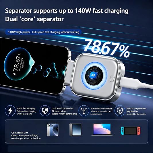 🛡️⚡ 140 W-os szupergyors töltés + AI automatikus kikapcsolás🔋 Intelligens jelzőgyűrű + univerzális kompatibilitás – Telefon, tablet, laptop!
