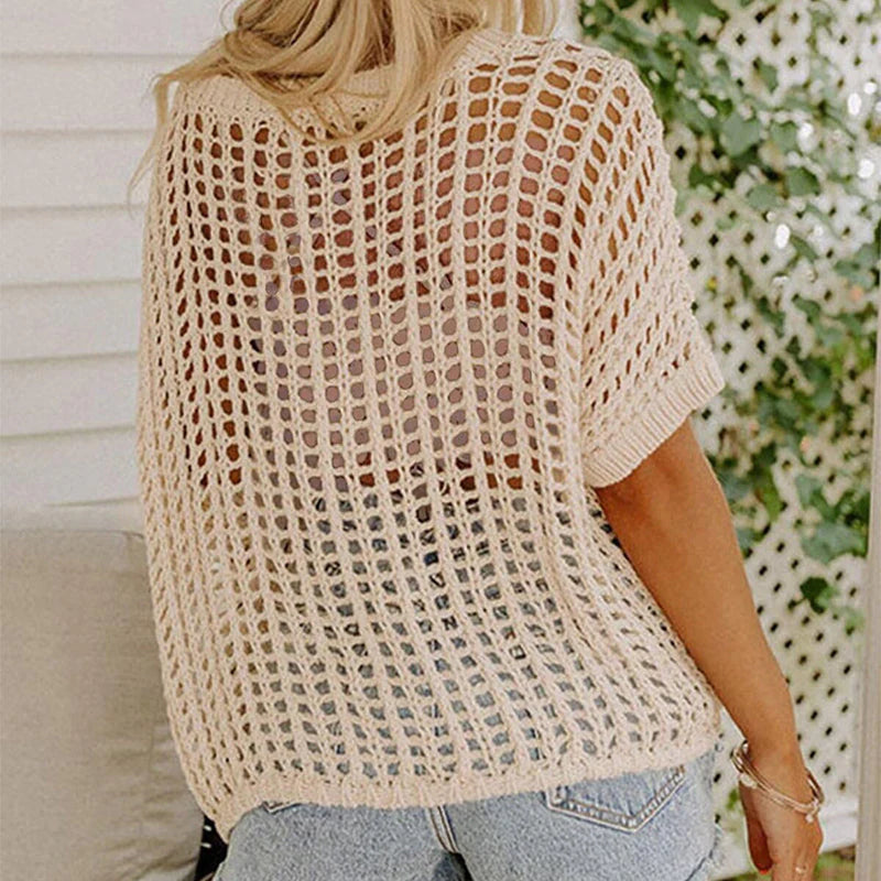 📿Ingyenes nyaklánc☀️ Horgolt, légáteresztő nyári pulóver👗 Scoop nyakú laza felső – Tökéletes strandhoz és minden naphoz!