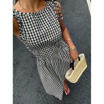 ⏰💥45% árcsökkentés👗 Könnyed vintage gingham nyári ruha🎀 Smockolt felsőrész + állítható kötőpántok 🌬️Prémium légáteresztő anyag！