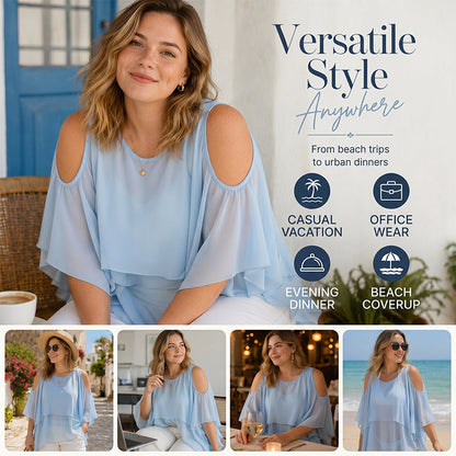 👗🌸 Chiffon poncho cold-shoulder felső –  Cold-shoulder kivágás, folyós szabás, S–3XL-ig, 5 színben! ✨💫