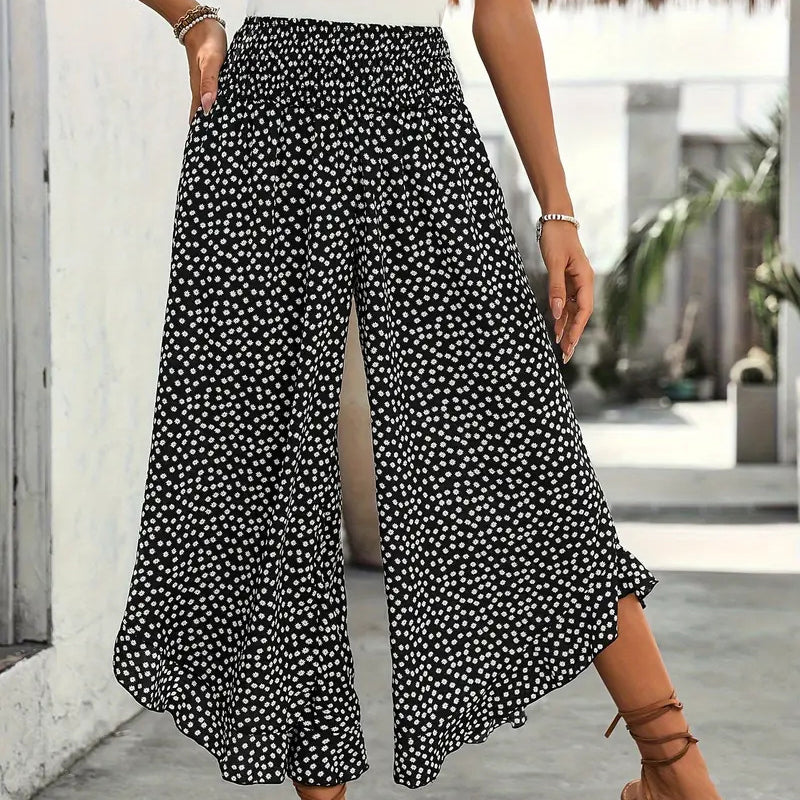 🎁Ingyenes ajándék-📿Gyönyörű nyaklánc💥50% árcsökkentés🌴Ruffle szegélyes trópusi nadrág🌺Pöttyös széles szárú női nadrág – Magas smockos derék, légáteresztő nyári kényelem！