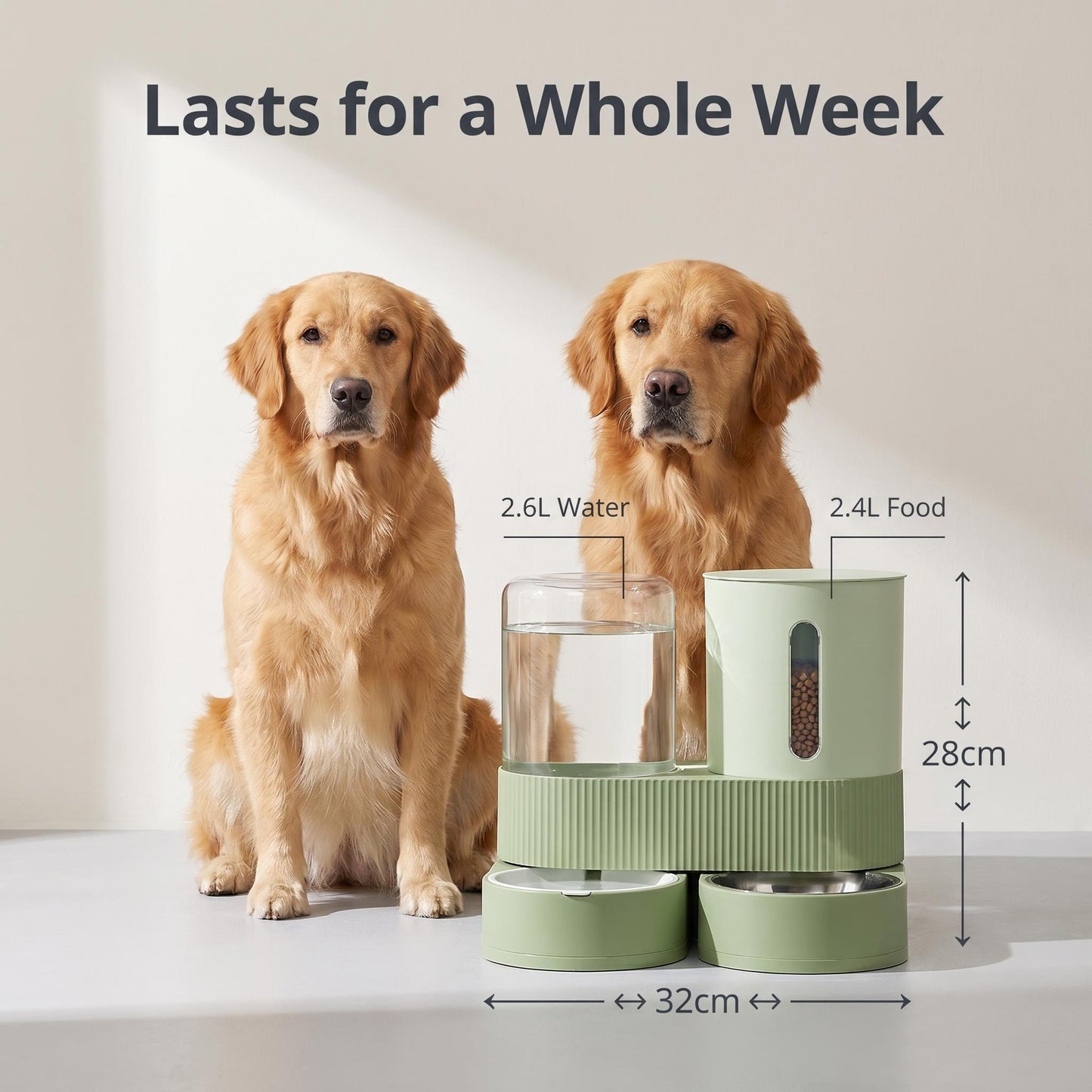🔄 360°-os rugalmas forgatás – Kétkamrás elválasztás: 2,6 l víz + 2,4 l etető – Fejlett szűrőrendszer🐱🐶 Nagy kapacitás akár egy hétre！