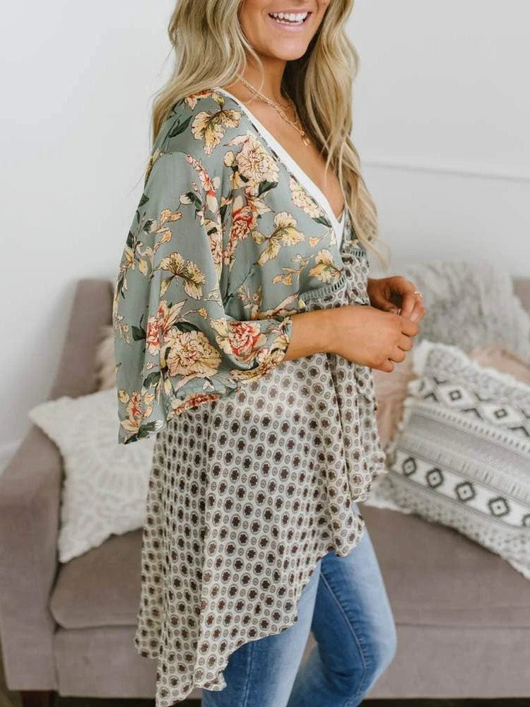 😜50% árcsökkentés 🎁Ingyenes ajándék-📿Gyönyörű nyaklánc🌸 Boho virágmintás sifon kardigán – Könnyű, fodros és sokoldalú nyári stílus!