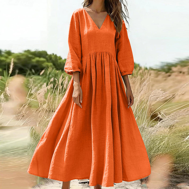 🌸👗 Lenvászon keverék V-nyakú ruha – Laza folyós szabás, puffos ujjakkal, S–2XL-ig! ✨💃