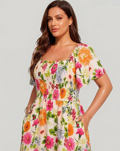 🎁Ingyenes ajándék🌸 Virágmintás midi ruha – Négyszögletű nyakkivágás + smockolt derék, ami téged néz ki！