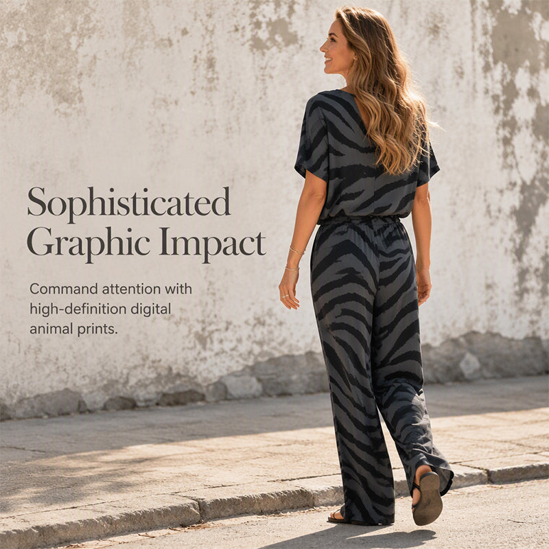 👗🦓 Zebramintás modern szett – Elöl megkötős felső, széles szárú nadrág, lélegző poliészter-viszkóz keverék! ✨💃
