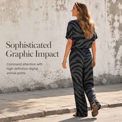 👗🦓 Zebramintás modern szett – Elöl megkötős felső, széles szárú nadrág, lélegző poliészter-viszkóz keverék! ✨💃