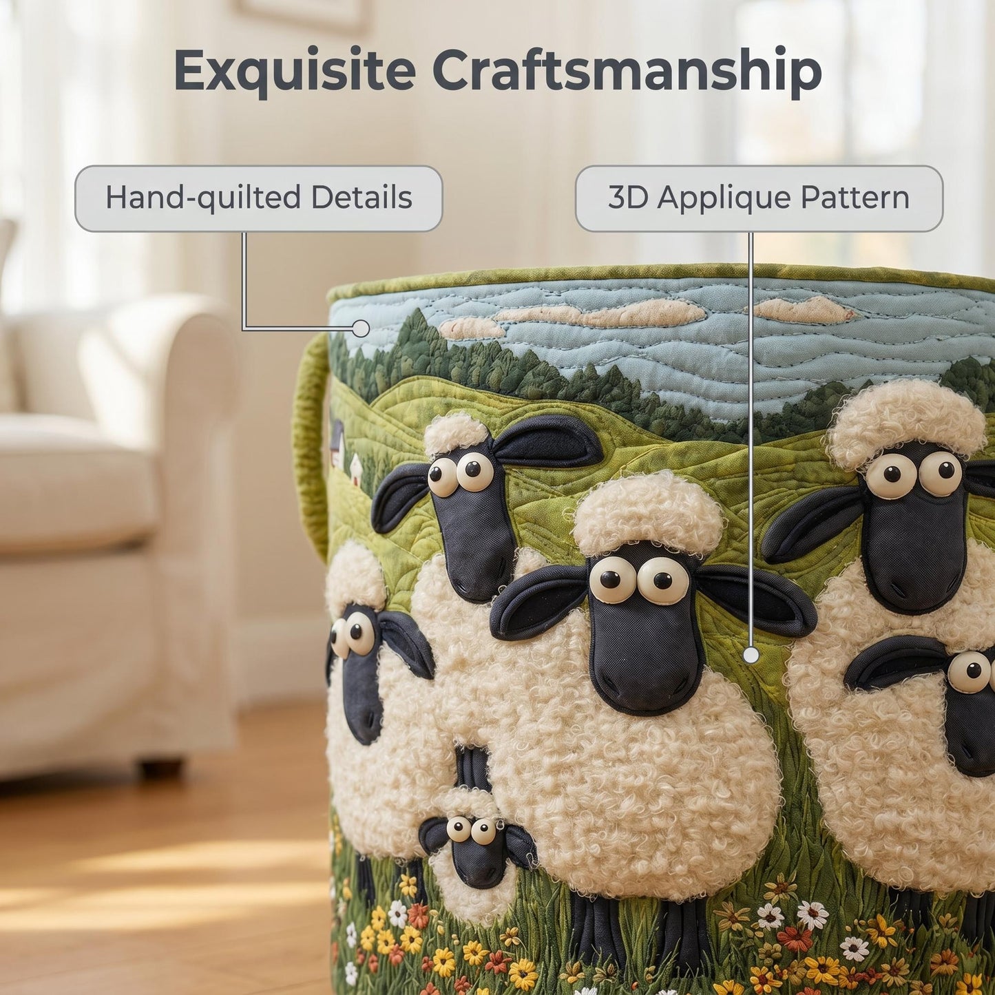 🧺 100%-ban kézzel készített, steppelt kosár – 3D-s birkás kert témájú design – Extra nagy kapacitás, összecsukható – Rusztikus, cottagecore stílusba tökéletes🐑