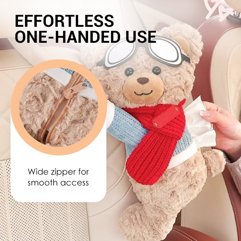 🐻🎀 Cuki medvés kendőadagoló autóba – Cipzáros, akasztható, 43 cm – A tökéletes utitárs! 🌟🛣️