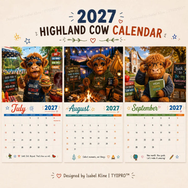 🐮📅 2027-es Highlandko fali naptár – 12 bájos illusztráció, prémium A4-es kivitel, tökéletes ajándék állatbarátoknak! 🌿✨