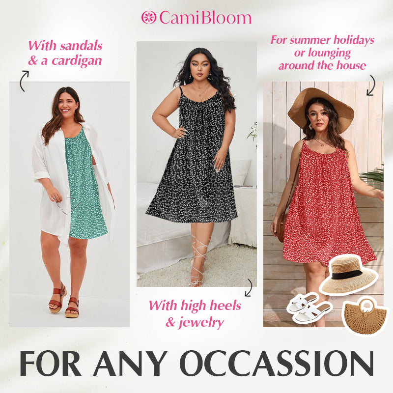 🎁Ingyenes ajándék -📿Gyönyörű nyaklánc🌿 Térdig érő laza camisole ruha🌸 CamiBloom virágmintás spagetti pántos ruha – Jégselyem anyag, állítható pántok, nyári kényelem!