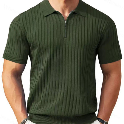 🎁Ingyenes ajándék-📿Gyönyörű karkötő✨ Bordás kötött prémium felső👕 Sportos sziluettű férfi póló – Állítható gallér + negyedzipper, sokoldalú mindennapokra!