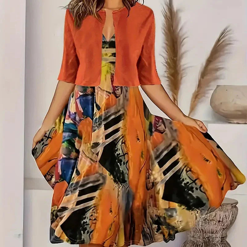 🎁Ingyenes ajándék-📿Gyönyörű nyaklánc👗🌸Két részes női szett – Kardigán + ujjatlan ruha, elegancka minden alkalomra!