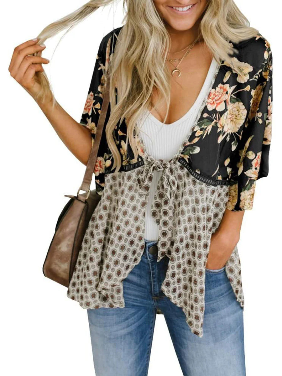 😜50% árcsökkentés 🎁Ingyenes ajándék-📿Gyönyörű nyaklánc🌸 Boho virágmintás sifon kardigán – Könnyű, fodros és sokoldalú nyári stílus!