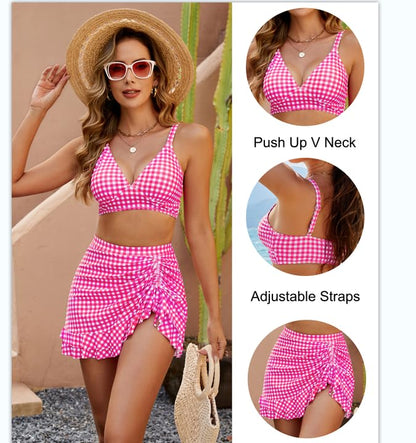 😜30% árcsökkentés👙 Magas derekú kockás bikini szett🌊 V-nyakú retro bikini – Teljes fedéssel, kényelmes és stílusos!