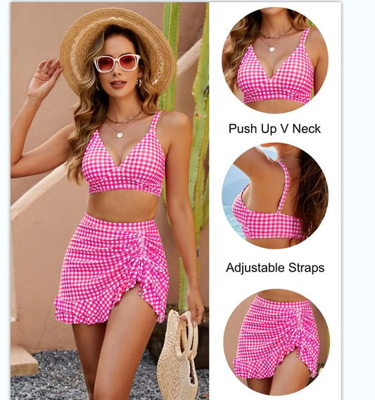😜30% árcsökkentés👙 Magas derekú kockás bikini szett🌊 V-nyakú retro bikini – Teljes fedéssel, kényelmes és stílusos!