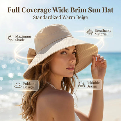 🏖️Napvédő nyaralócsomag🎁Ingyenes napszemüveg🕶️🌞 Védje arcát és nyakát a naptól – 👒Női széles karimájú, összehajtható napkalap masnival！