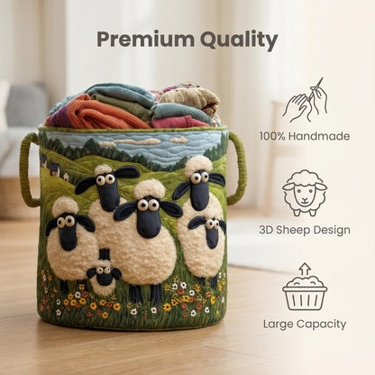 🧺 100%-ban kézzel készített, steppelt kosár – 3D-s birkás kert témájú design – Extra nagy kapacitás, összecsukható – Rusztikus, cottagecore stílusba tökéletes🐑