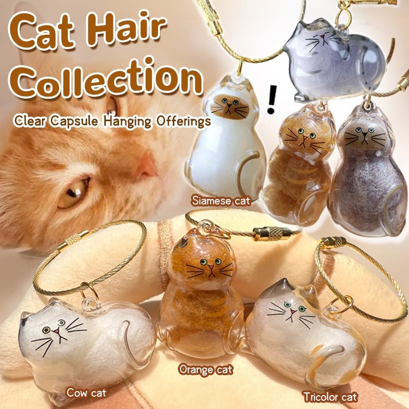 🐱💕 Macska alakú emlék kulcstartó – Átlátszó szőrtároló kapszulával, hordozható, 6 stílusban! 🌈✨