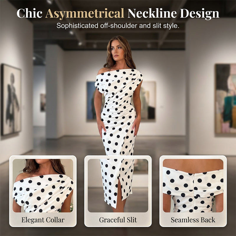 👗🌸 Aszimmetrikus nyakkivágású polka-dot midi ruha – Elegáns hasítékkal, alakkövető szabással, S–2XL-ig! ✨💫
