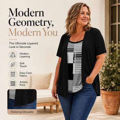 👚✨ Modern geometrikus mintás felső – Laza réteges hatás, selymes tapintás, XL–5XL-ig! 🌟💃