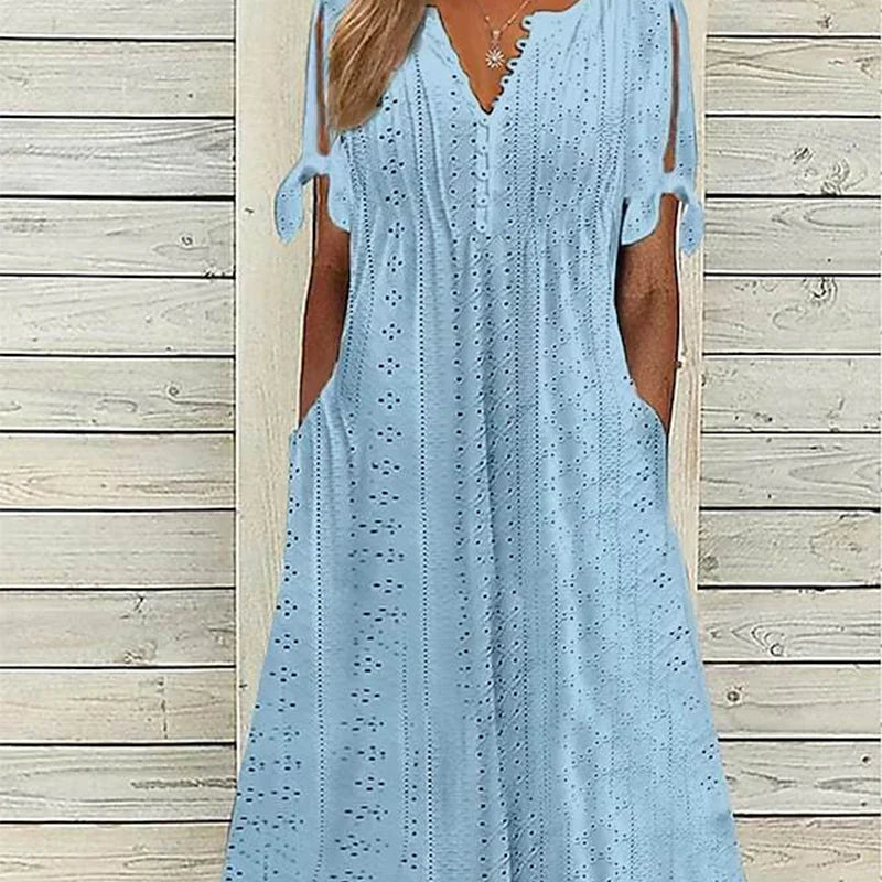 🎁Ingyenes gyönyörű nyaklánc👗 V-nyakú mintás női ruha 💨 Légáteresztő nyári ruha!