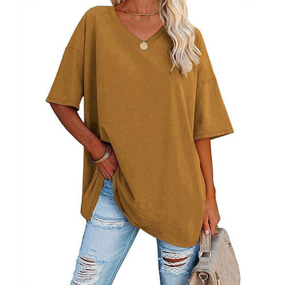 🎁Ingyenes ajándék👕 Laza szabású V-nyakú póló – Puha, könnyű, kényelmes🌸 Divatos, kiszélesedő szegély！