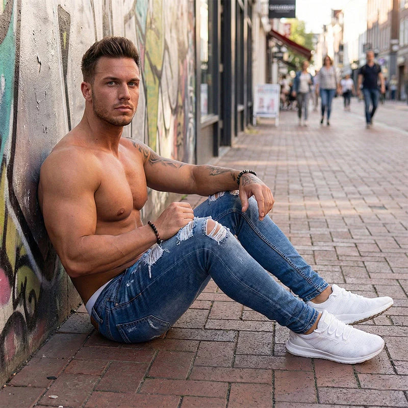 🔥🎁Nová 50% SLEVA👖 Feltépett férfi keskeny farmer✨ Karcsú sziluett, puha pamut – Minden outfithez tökéletes!
