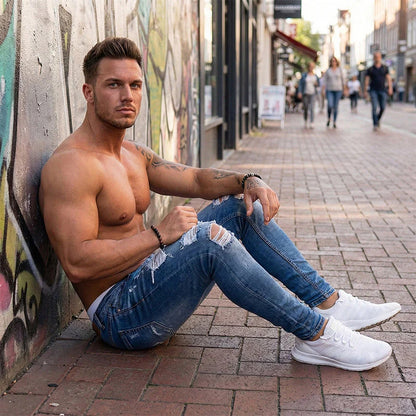 🔥🎁Nová 50% SLEVA👖 Feltépett férfi keskeny farmer✨ Karcsú sziluett, puha pamut – Minden outfithez tökéletes!