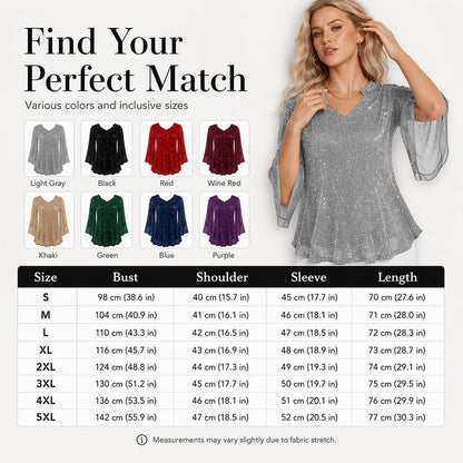 📿Ingyenes rózsa nyaklánc🌙💫 Glitter hálós V-nyakú felső – Csengő ujjakkal, laza szabással, S–5XL-ig, 8 színben! 💃🌟