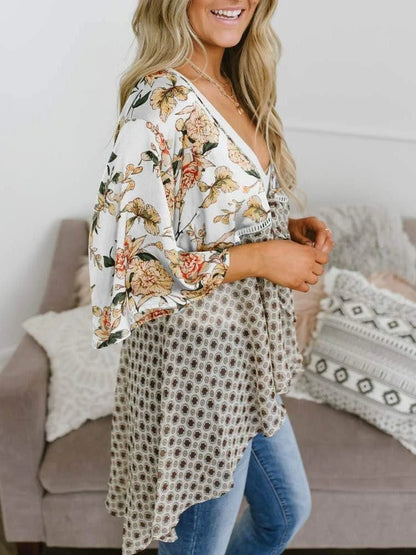 😜50% árcsökkentés 🎁Ingyenes ajándék-📿Gyönyörű nyaklánc🌸 Boho virágmintás sifon kardigán – Könnyű, fodros és sokoldalú nyári stílus!