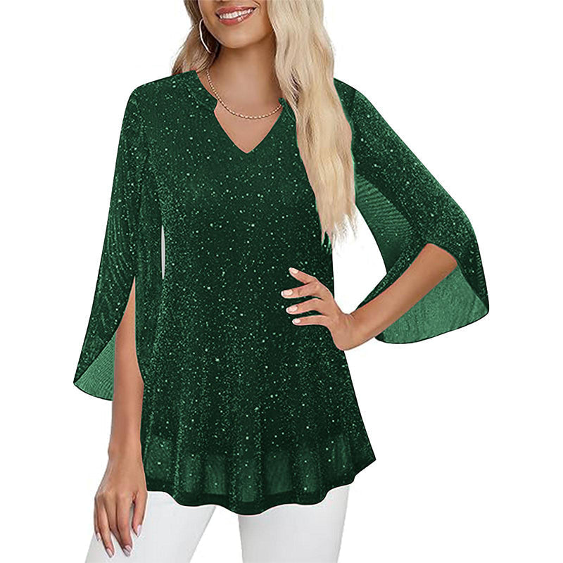 📿Ingyenes rózsa nyaklánc🌙💫 Glitter hálós V-nyakú felső – Csengő ujjakkal, laza szabással, S–5XL-ig, 8 színben! 💃🌟