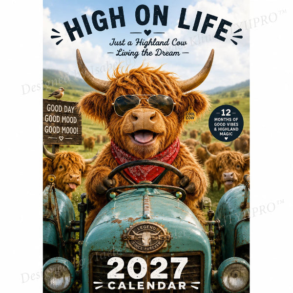 🐮📅 2027-es Highlandko fali naptár – 12 bájos illusztráció, prémium A4-es kivitel, tökéletes ajándék állatbarátoknak! 🌿✨