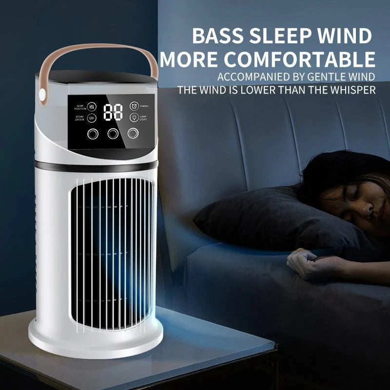 😍2026 tavaszi újdonságok❄️ Multifunkciós vízhűtéses ventilátor⏱️Hűtő + párásító + éjszakai lámpa + időzítő 💨 9 sebességfokozat, 7 színű LED, 90° oszcilláció🧊