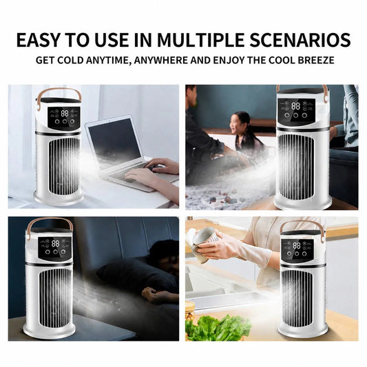 😍2026 tavaszi újdonságok❄️ Multifunkciós vízhűtéses ventilátor⏱️Hűtő + párásító + éjszakai lámpa + időzítő 💨 9 sebességfokozat, 7 színű LED, 90° oszcilláció🧊