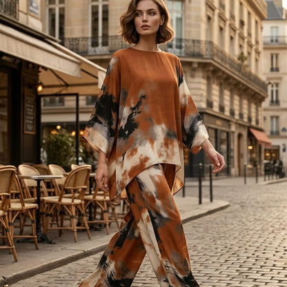 🎁Ingyenes ajándék🍂 Barna árnyalatú női összeillő szett🎨 Absztrakt művészi mintás kétrészes szett – Laza oversize szabás, nyári légies viselet!